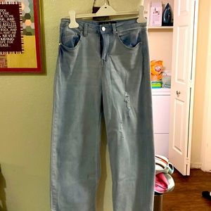 Wide legged , distressed high waisted jeans , light blue